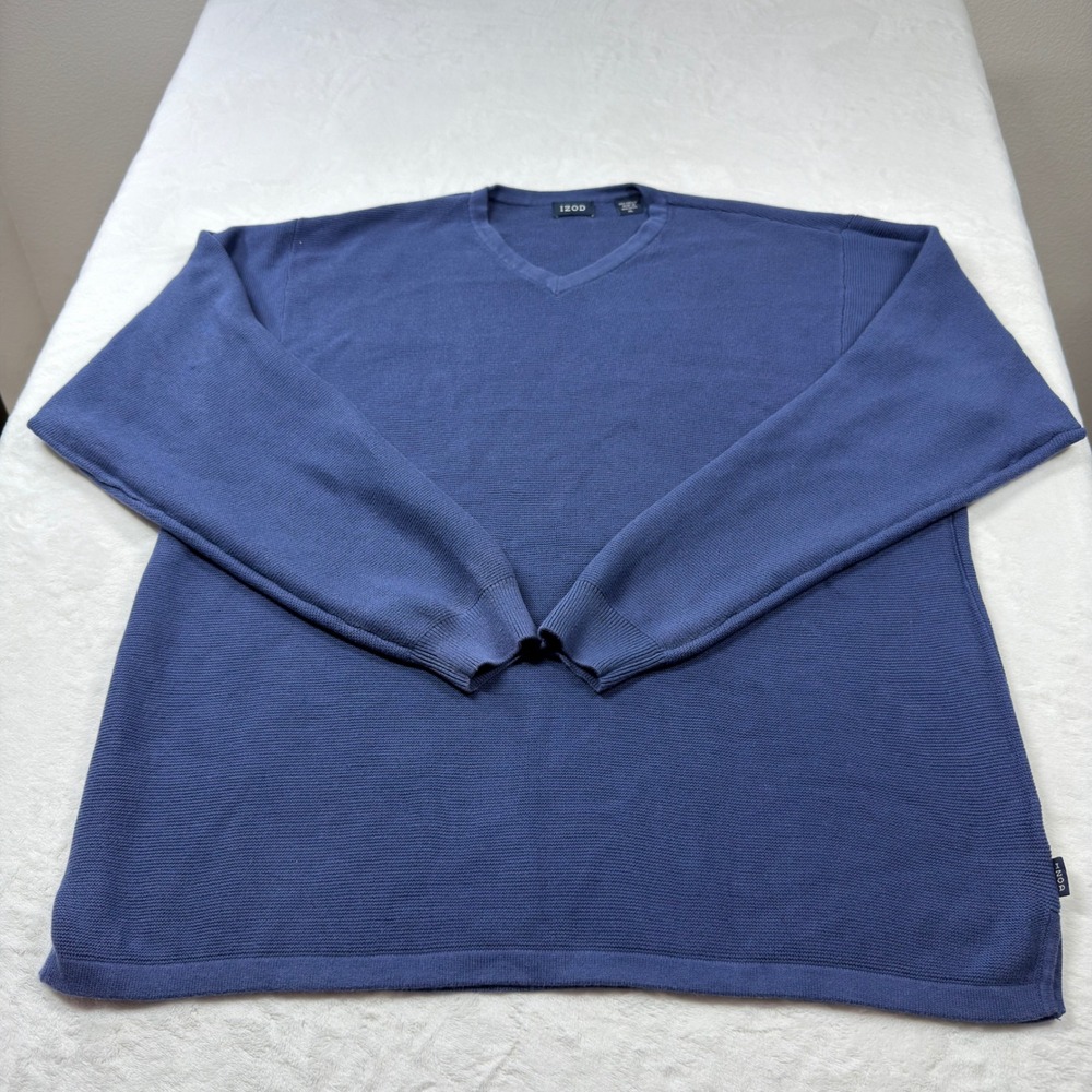 IZOD V-Neck Sweater Mens XL Blue Good Textured 100% Cotton Long Sleeve